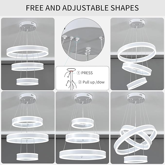 O'NEELDY Modern LED Chandeliers Adjustable Hanging White Pendant Light Fixture 3 Ring Flush Mount Chandeliers for Bedroom,Kitchen,Island Cafe