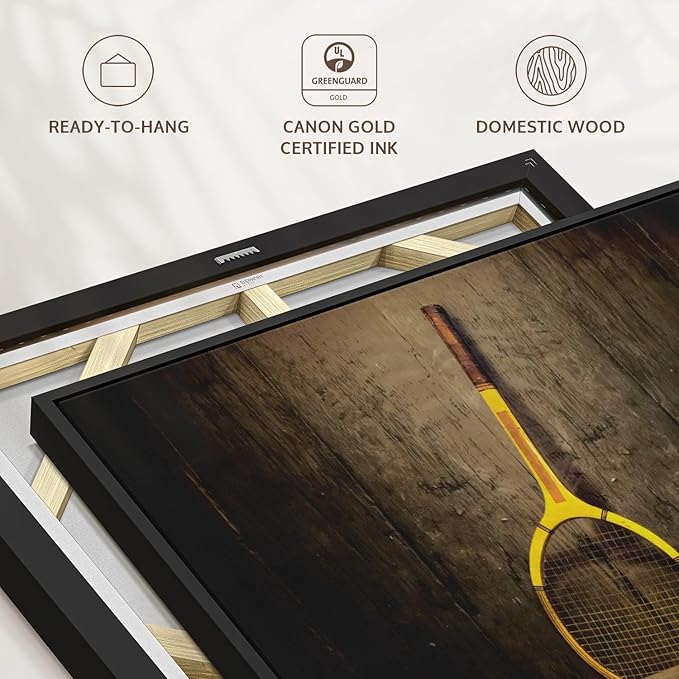 ElephantStock Vintage Tennis Racket Wall Art - Horizontal Framed Canvas - 1-Piece Living Room Wall Decor - Photography Sports Canvas Print - Brown and Black Decor for Wall - 40" X 27"