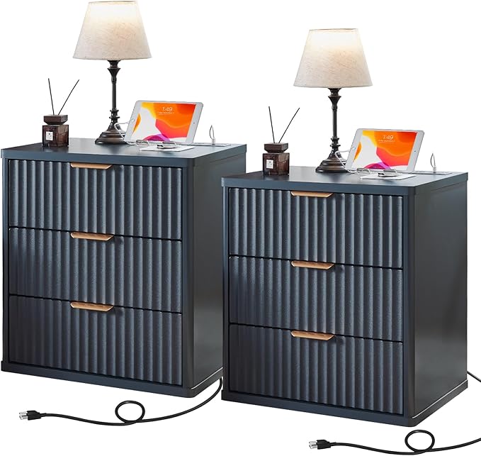 LEYAOYAO Fluted Nightstand Set of 2 with Charging Station,23" Modern Nightstand with Woodgrain Top, 3 Drawer End Table w/Storage, BedsideTables for Bedroom, Living Room, Curved Profile,Blue