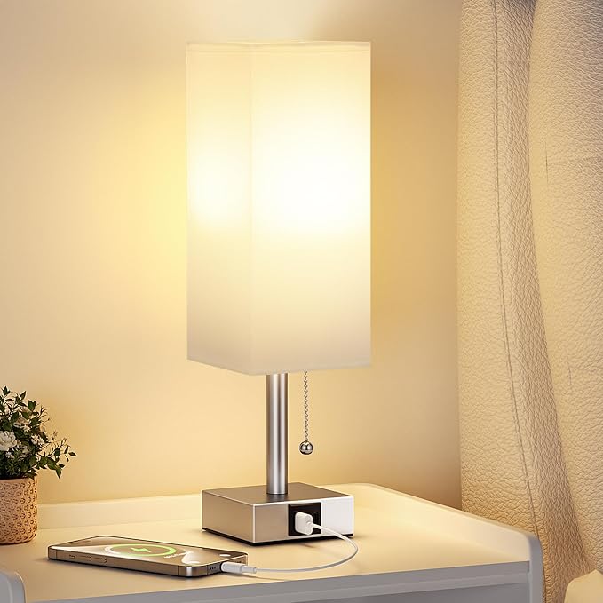 White Small Lamp for Bedroom - 3 Color Temperature 3000K 5000K 4000K Bedside Lamp, Pull Chain Control, USB A and C Charging Ports, Silver Base, for Kids Office Dorm nightstand, Bulb Included
