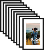 Vittanly 16x24 Picture Frames Set of 9, Shatter Resistant Plexiglass, Display 12x18 Pictures with Mat or 16x24 without Mat, Photo Frames for Wall or Tabletop, PVC Frame, Black