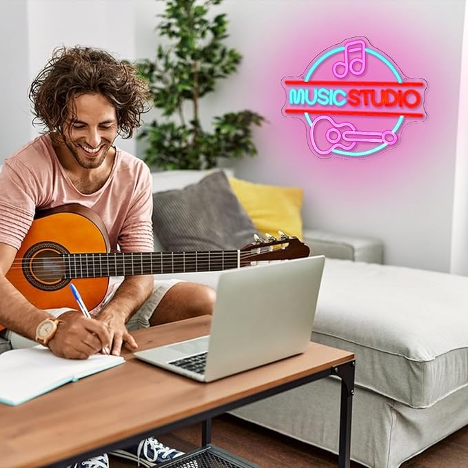Music Neon Sign for Wall Decor Music Studio Letter Neon Light Dimmable Guitar Neon Light Sign Pink Notes LED Sign for Recording Studio Concert Club Bar Bedroom