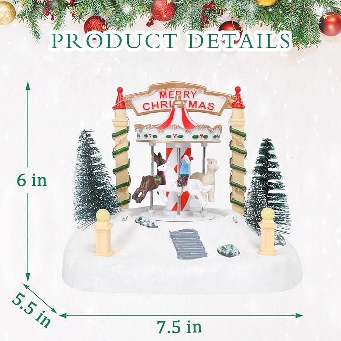 Bdor Christmas Carousel Tabletop Decoration – Lighted Musical Merry-Go-Round with Reindeer and Trees – Battery Operated Christmas Scene – 7.5"x5.5"x6" Holiday Centerpiece with LED Lights and Music