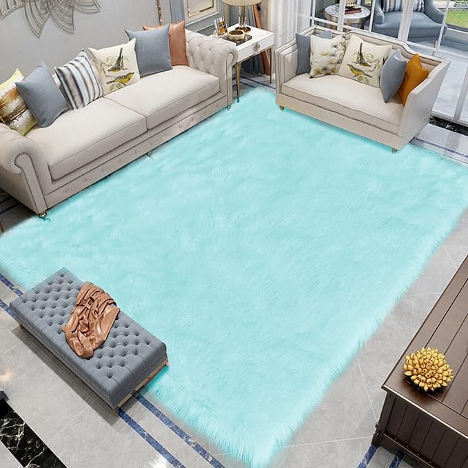 Latepis Light Blue Area 8x10 Faux Sheepskin Fur Rug Teal Rugs for Living Room Bedroom Throw Fuzzy Rug Shaggy Rugs Cute Luxury Home Decor