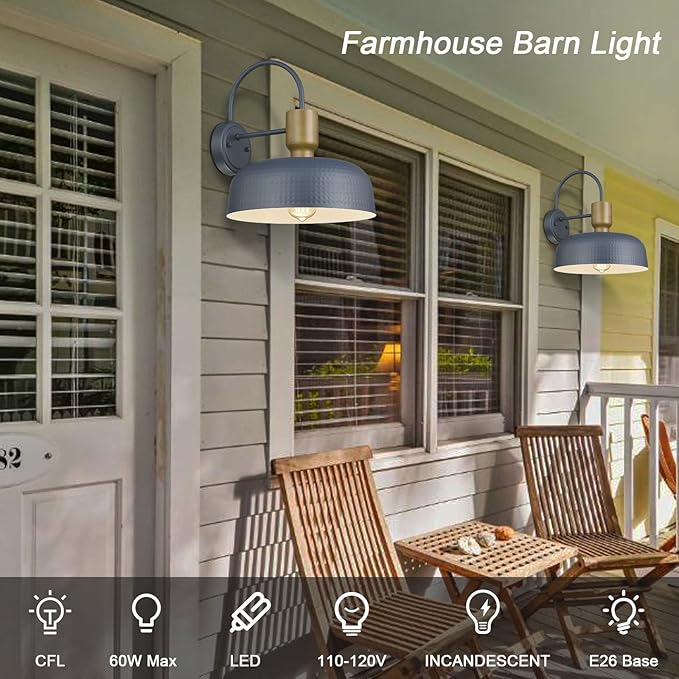 Outdoor Barn Light Gooseneck Barn Light, Farmhouse Exterior Wall Mount Light Vintage Wall Lighting Fixture Industrial Sconce Lantern for Porch, Entryway, Garage, Blue, 2 Pack