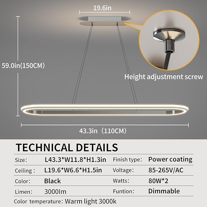 Island Lights, Linear Pendant Light LED Dimmable Hanging Light Fixture, 3000K-6000K with Remote Control,Chandeliers for Dining Room‎(Silver,43.3IN)