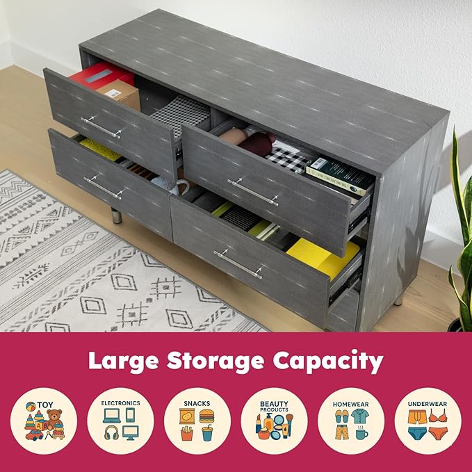 Grey Dresser for Bedroom, 6 Drawer Wood Dresser with Modern Storage Organizer, Wide Chest of Drawers for Clothes, Closet, Living Room
