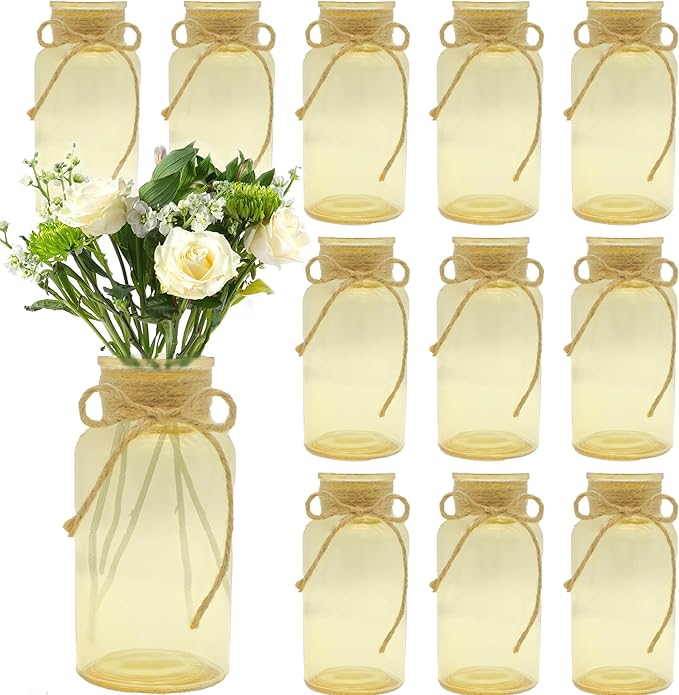 Vintage Glass Flower Vase，12 Pack Gold Amber Farmhouse Glass Centerpiece Vases Mason Jars for Weddings, Parties & Home Decor Bulk (12, Gold)