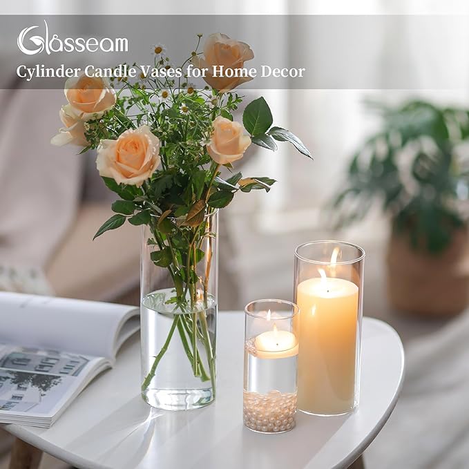 Glasseam Hurricane Glass Candle Holders: 30 Pcs Cylinder Glass Pillar Candle Holder Set for Table Centerpiece Clear Cylinder Vase Bulk Hurricane Vases for Centerpieces Wedding Party Christmas Decor