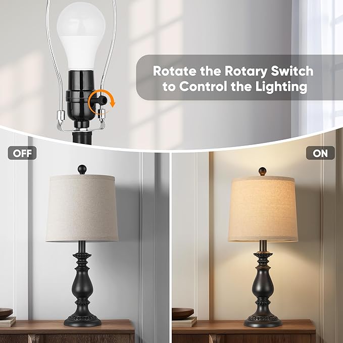 QiMH Farmhouse Table Lamp Set of 2, Rustic Table Lamps for Living Room, Vintage Nightstand Lamp with Rotary Switch, Beside Lamps for Bedroom, Traditional Table Lamps with Linen Shade, Matte Black