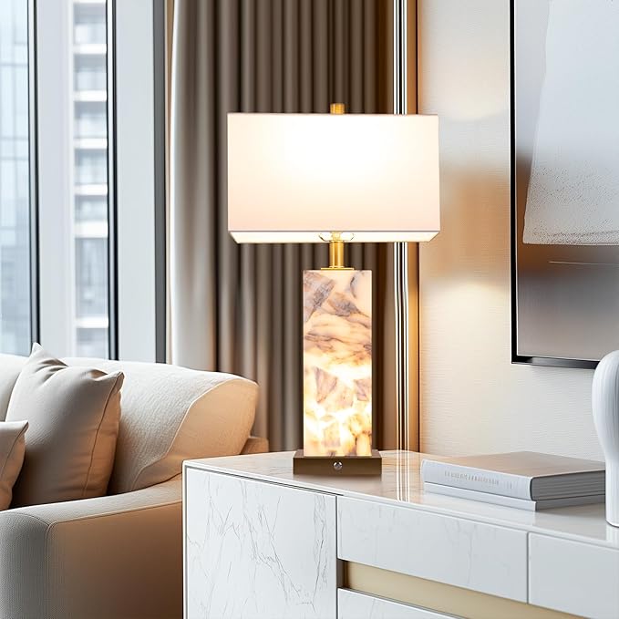 25.6" Alabaster Lamp, Marble Lamp Nightstand Lamps Set of 2, Table Lamps for Living Room Bedroom, 3-Color Temperatures Bedside Lamps with Nightlight, Modern Table Lamp with USB Ports, Bulbs Included