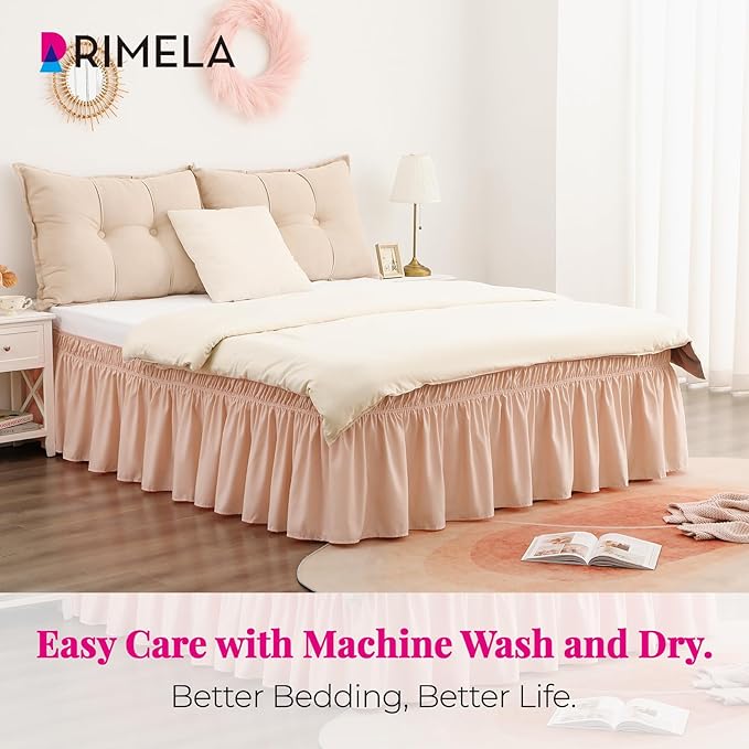 RIMELA Bed Skirt Queen Size 15 Inch Drop, Wrap Around Elastic Bedskirt Solid Microfiber Luxury Hotel Quality Fabric, Easy to Install Machine Washable Wrinkle & Fade Resistant, Flesh Pink