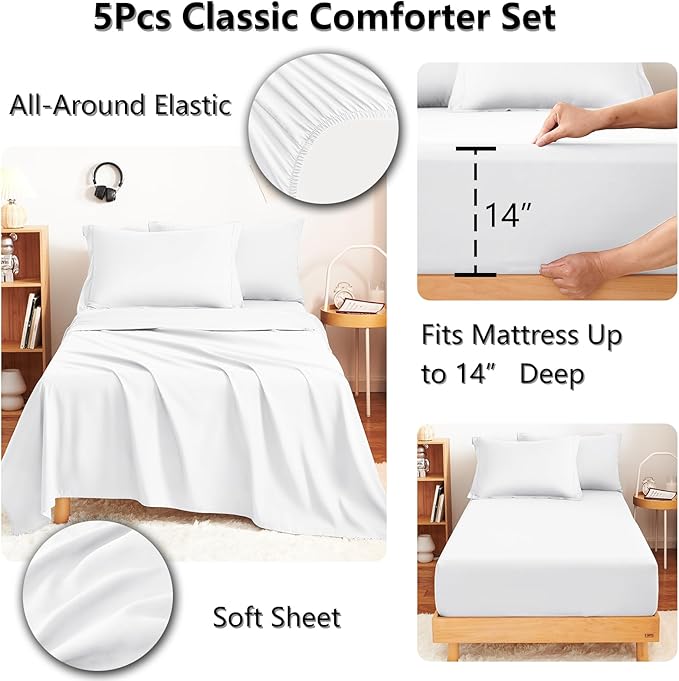 CozyLux Twin Comforter Set with Sheets White - 5 Pieces Bed in a Bag Twin, All Season Bed Set for Girls and Boys, Bedding Set with Down Alternative Comforter, Sheets, Pillowcase & Sham
