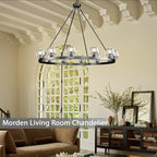 Black Wagon Wheel Chandelier, 48 Inch Black Chandeliers with Unique Glass Shade, 12-Light Crystal Large Wagon Wheel Chandeliers for Dining Room, High Ceiling Round Chandelier for Living Room, Foyer