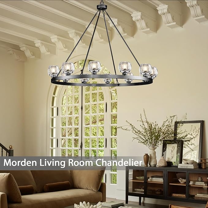 Black Wagon Wheel Chandelier, 48 Inch Black Chandeliers with Unique Glass Shade, 12-Light Crystal Large Wagon Wheel Chandeliers for Dining Room, High Ceiling Round Chandelier for Living Room, Foyer