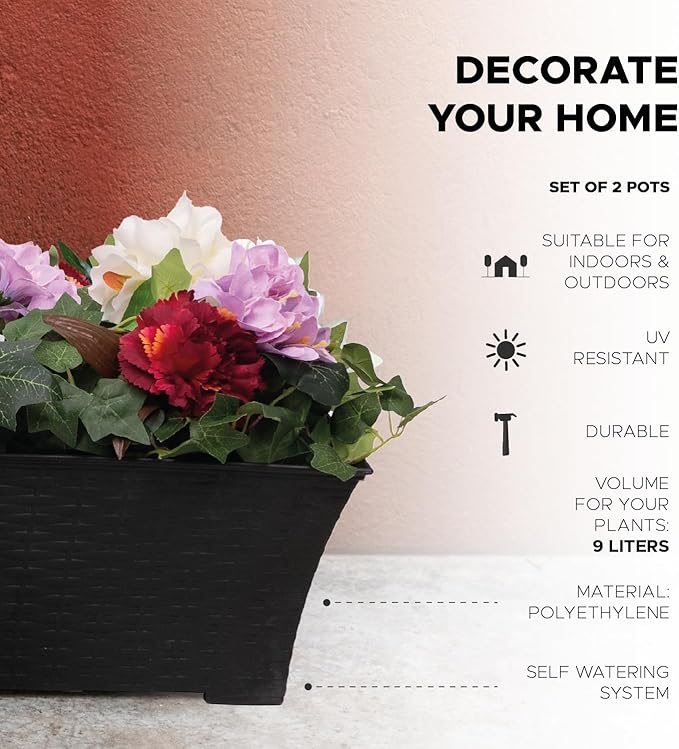 Elly Décor Set of 2 18x8 Rectangular Modern, Resistant and Self Watering Planter with Rattan-Like Finish, 18", Gray