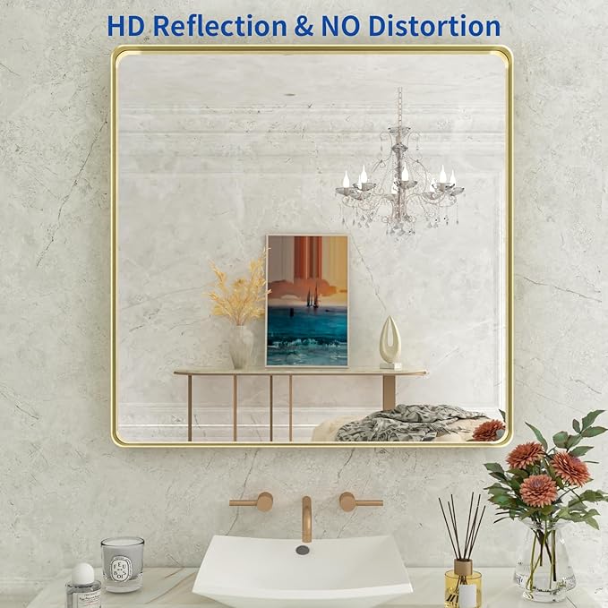 WEER Gold Bathroom Mirror, 36X36 Inch Brushed Metal Frame, Rounded Rectangle Vanity for Wall, Tempered Glass, Anti-Rust, Hangs Horizontally or Vertically