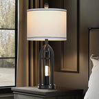 27" Tall Vintage Table Lamp with USB C+A & Outlet,Black Industrial End Table Lamp for Living Room,Farmhouse Rustic Bedside Lamps with Night Light for Bedroom Nightstand,Black（2 LED Bulbs Included）