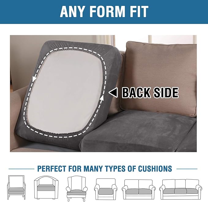 H.VERSAILTEX Velvet Stretch Couch Cushion Cover Plush Cushion Slipcover for Chair Loveseat Sofa Cushion Furniture Protector Seat Cushion Sofa Cover (3 Piece Sofa Cushion Covers, Grey)
