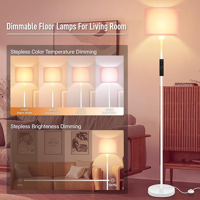 Floor Lamps for Living Room, Stepless Dimmable Floor Lamp with Remote, 2700K-6500K Colors Temperature & Brightness Adjustable,10W/1200LM LED Pink Floor Lamp, Modern Standing Lamp for Girls Bedroom