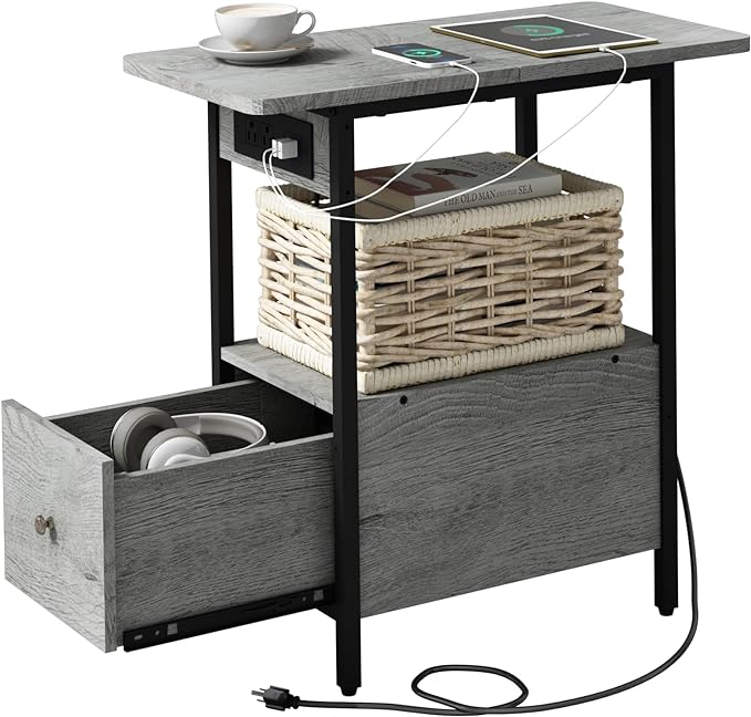 LIDYUK End Table with Charging Station, Narrow Side Table with Drawer and USB Ports & Power Outlets, Nightstand Bedside Tables for Small Spaces, Bedroom, Living Room, Light Grey