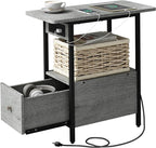 LIDYUK End Table with Charging Station, Narrow Side Table with Drawer and USB Ports & Power Outlets, Nightstand Bedside Tables for Small Spaces, Bedroom, Living Room, Light Grey