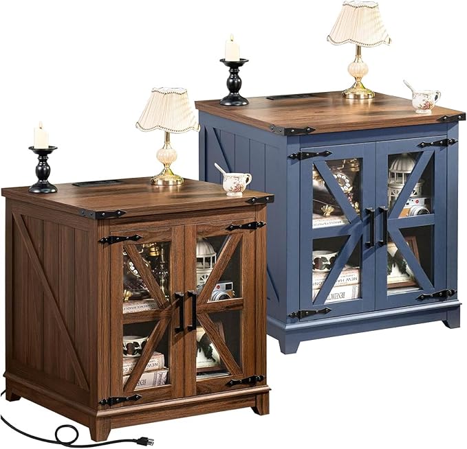 Farmhouse End Table with Charging Station, 24" Large Sofa Side Table with Glass Barn Door, Green Nightstand with Adjustable Storage Shelf, Wood Square Bedside Table for Living Room, Bedroom
