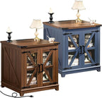 Farmhouse End Table with Charging Station, 24" Large Sofa Side Table with Glass Barn Door, Green Nightstand with Adjustable Storage Shelf, Wood Square Bedside Table for Living Room, Bedroom