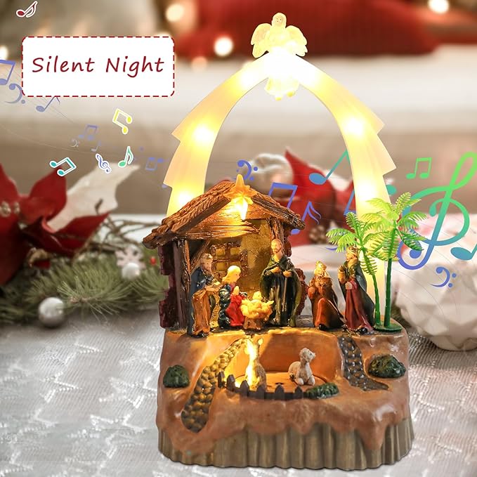 VCUTEKA Christmas Village Houses, Nativity Scene with Crystal Angel and Rotating Sheep Lighted Musical Christmas Village Collectible Building for Xmas Indoor Decorations or Holiday Table Displays