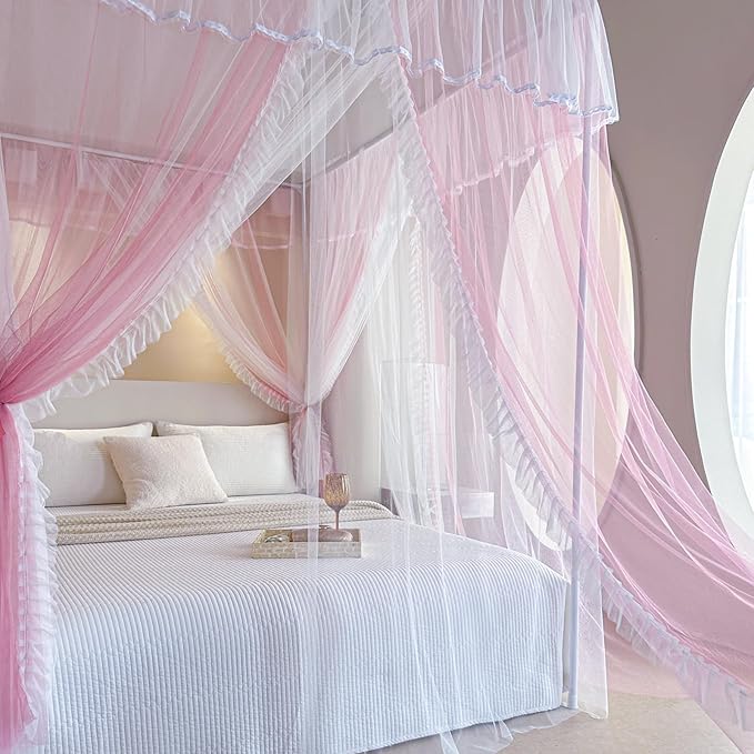 AIKASY 4 Corners Post Ruffle Princess Bed Canopy Curtain - Double Layer Cozy Drape Netting with 4 Openings - Elegant Mosquito Net for Girls and Adults Bedroom Decoration (Pink,Full)