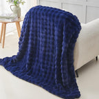 NEWCOSPLAY Faux Fur Throw Blanket Dark Navy Bubble Blanket Thick Warm Soft for Couch Sofa Bed 550GSM (Dark Navy, Throw(50"x60"))