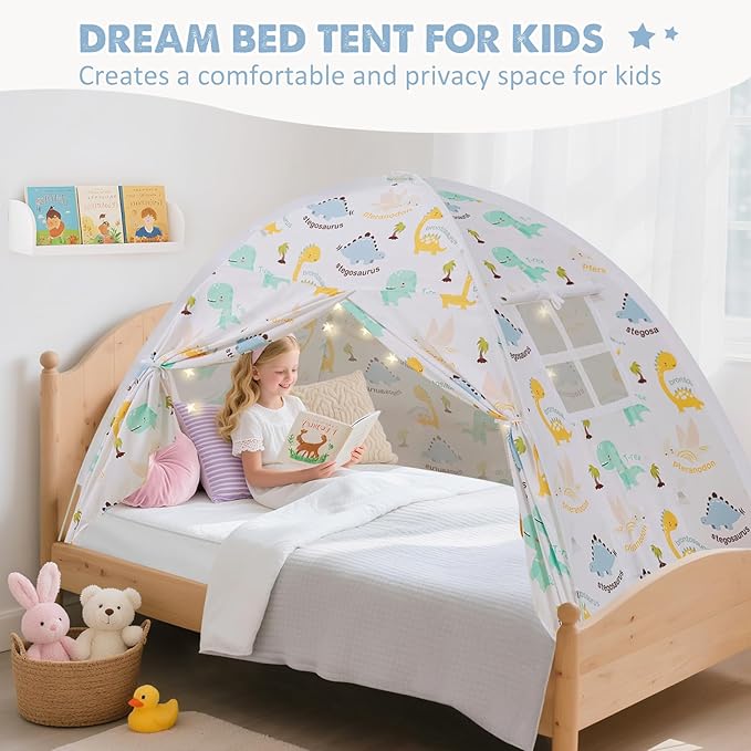 Twin Bed Tent for Kids, Twin Size Bed Canopy with Star Lights, Privacy Space Blackout Sleeping Tents, Indoor Breathable Portable Toddler Bed Tent for Boys and Girls, Dinosaur