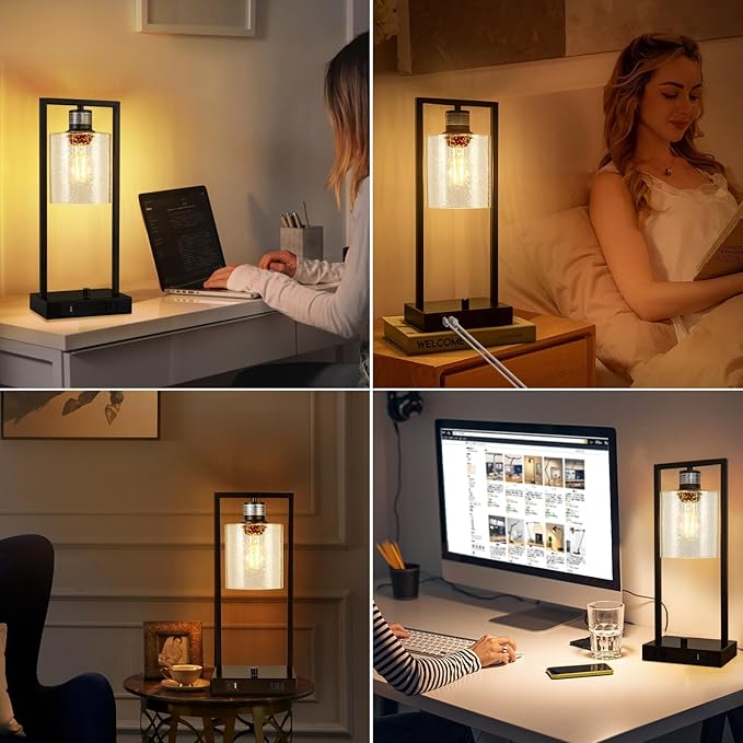 16" Set of 2 Industrial Table Lamps with USB A+C Charging Ports and AC Outlet, Fully Stepless Dimmable Bedside Lamps with Seeded Glass Shade for Bedroom Living Room Office, LED Bulbs Included