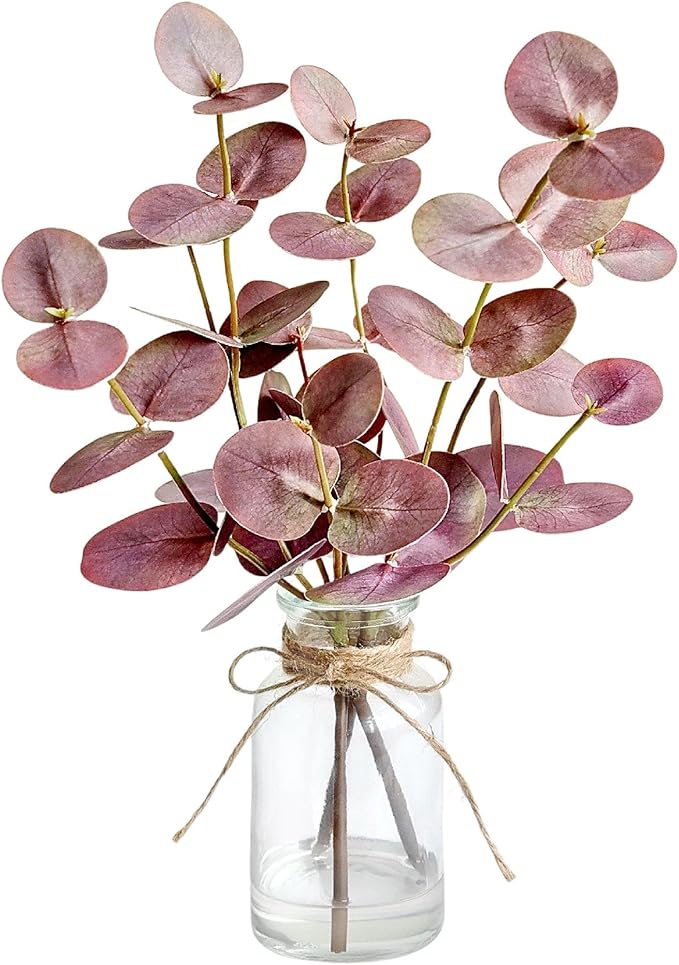 Artificial Eucalyptus Stems in Glass Vase with Faux Water,3Pcs Fake Plant with Double-Sided Purple Leaves for Centerpiece(Double-Sided Purple Eucalyptus)
