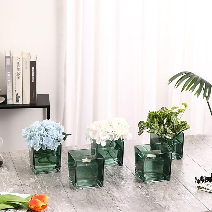 Square Green Glass Vases Set of 2, 6" x 6" x 6" Square Vase for Centerpieces, Flower Vases for CenterpieSquare Vaseces, Small Vase for Wedding, Party, Home Office Decoration
