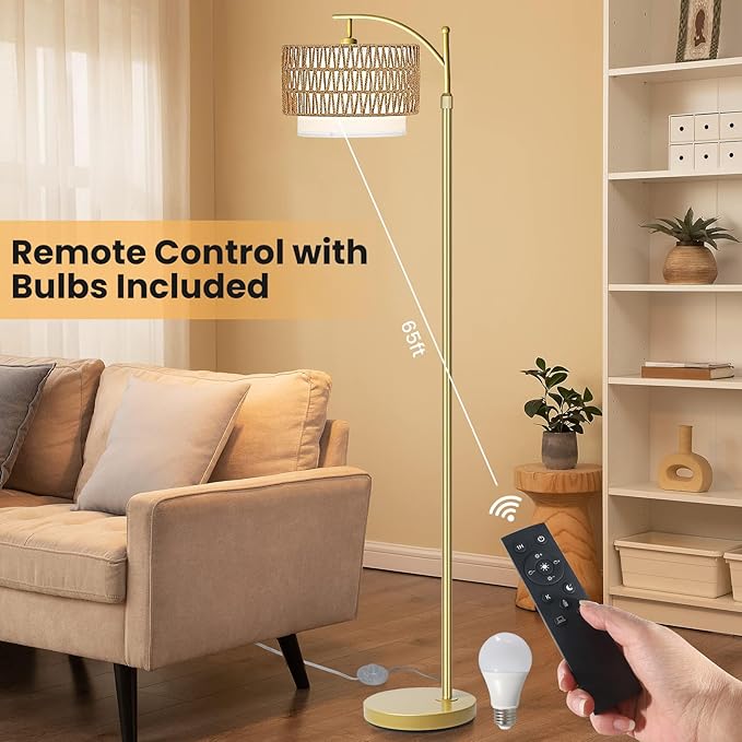 Arc Floor Lamp for Living Room,Gold Floor Lamps with Remote Control & Dimmable Bulb,Rattan Boho Tall Standing Lamp for Bedroom Office