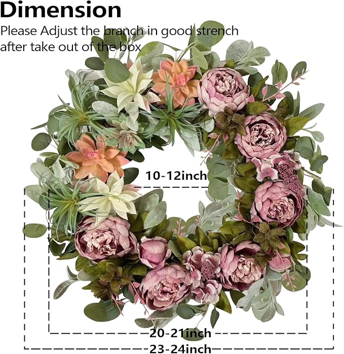 WANNA-CUL 24 Inch Spring Peony Wreaths for Front Door,Succulent Summer Wreath with Pink Peony Floral, Spring Front Door Decor with Succulent Arrangement Decoration