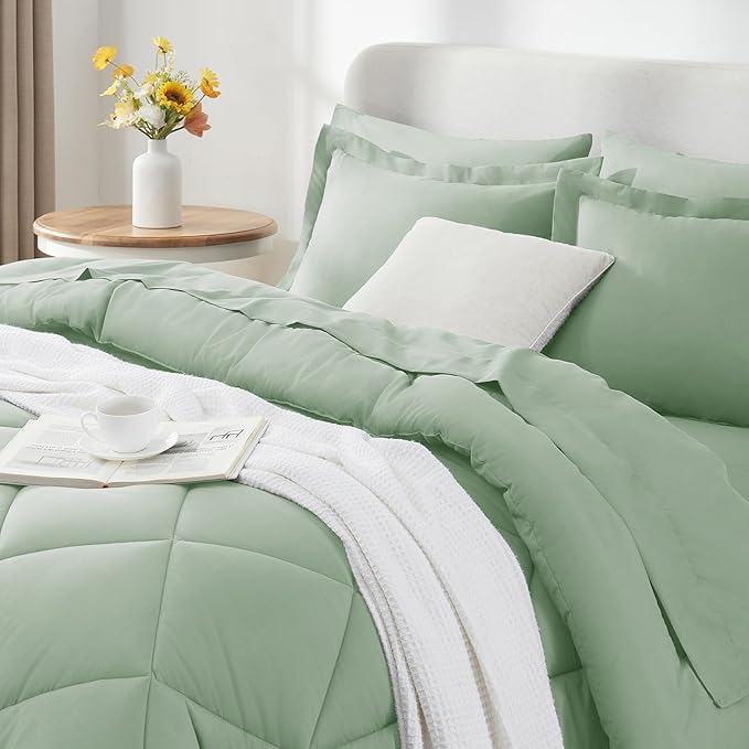 CozyLux Queen Comforter Set Sage Green - Bed in a Bag Queen Size 7 Pieces, Luxury Soft Bed Set for All Seasons, Bedding Set with Down Alternative Comforter, Sheets, Pillowcases & Shams