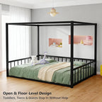 Canopy Floor Bed for Kids – Twin Size, Matte-Black Steel Frame with Safety Fence, Unisex Design for Boys & Girls, Box Spring Required, Quick Assembly (Twin)