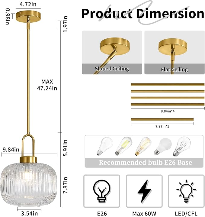 Modern Clear Glass Pendant Light Fixtures, Mid Century Pendant Lights for Kitchen Island, 9.8" Gold Adjustable Height Ceiling Hanging Light Fixtures for Dining Room Entryway Bedroom Foyer Hallway