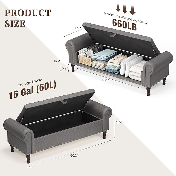 YOUDENOVAn 60”Bench with Storage, Upholstered Tufted Button Window Bench with Plenty Hidden Storage Space,Faux Leather Ottoman Bench for Bedroom, Living Room, Entryway，Grey