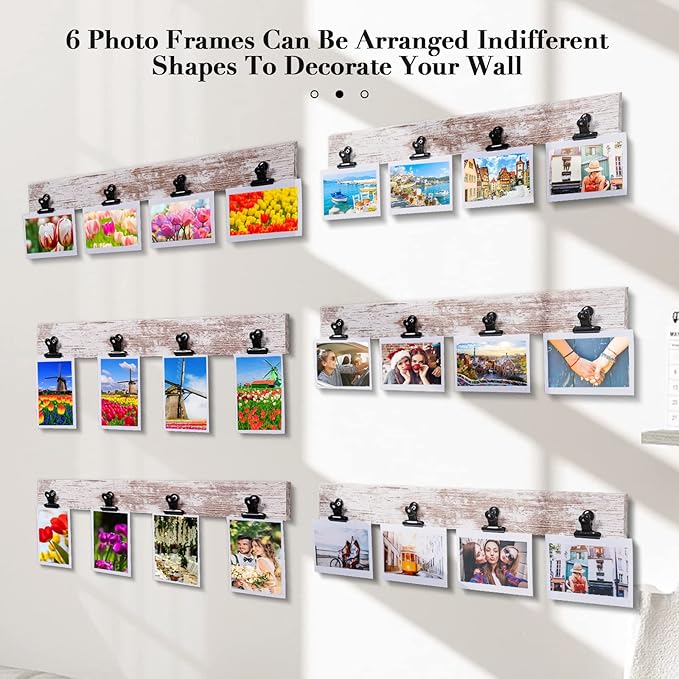 Picture Frame With 24 Clips,Large Size Collage Photo Frames, Hanging Wall Decor Frame, Organize and Display Photos, Artwork. No Assembly Required, Distressed White