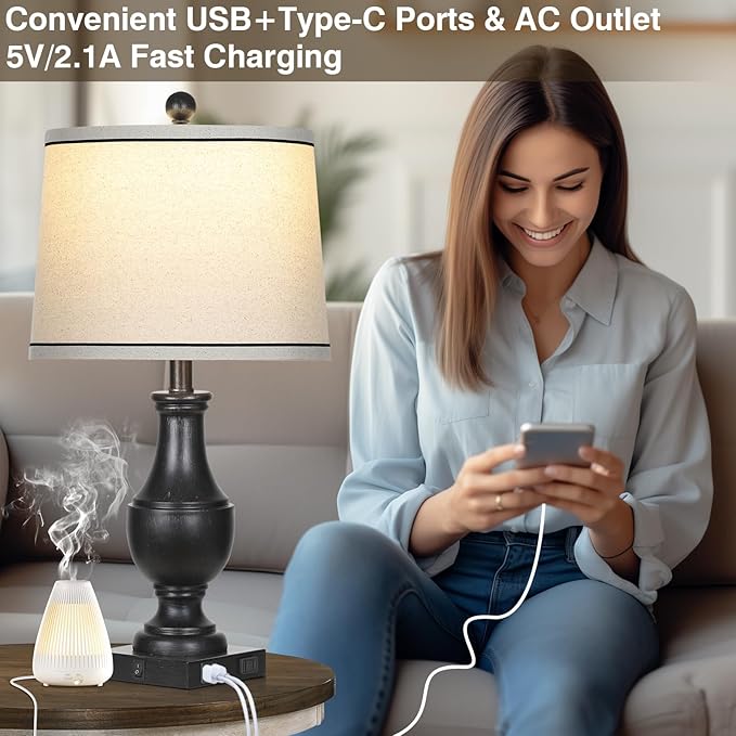 Table Lamps for Living Room Set of 2, Farmhouse Vintage Table Lamp with USB A+C Charging Ports & AC Outlet, 25" Black Rustic Traditional Lamps for Bedroom Nightstand Desk(2 LED Bulbs Included)
