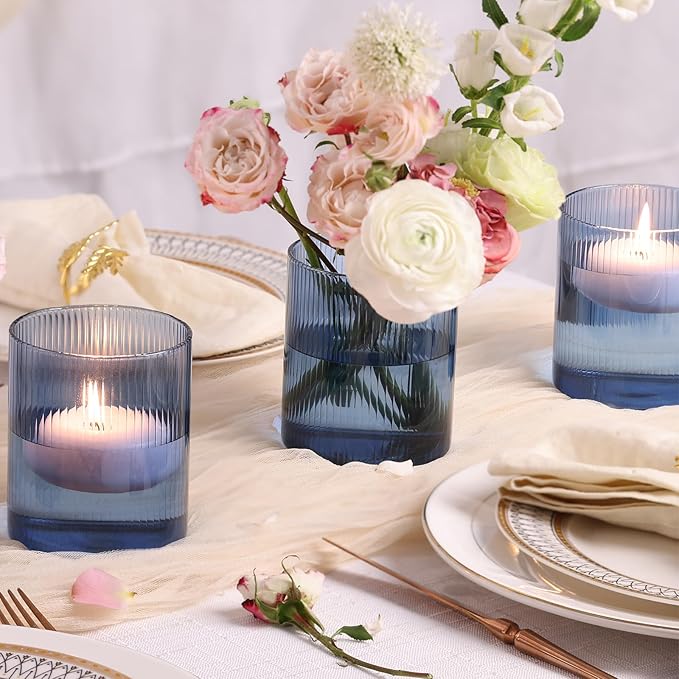 Glass Ribbed Cylinder Vase Set of 6, Bud Vase for Wedding Centerpieces, Clear Ribbed Glass Flower Vase, Hurricane Floating Candle Holder 4 Inch, Decorative Vases for Home Decor(Blue)