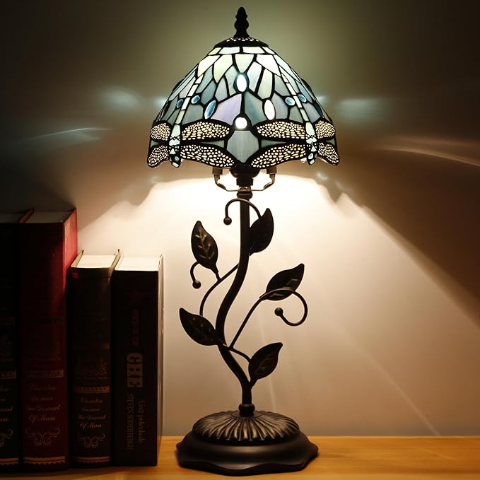 Small Tiffany Lamp Stained Glass Table Lamp Metal Leaf Accent Desk Memory Lamp Sympathy 8X20 Inch (Sea Blue Dragonfly Style)