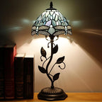 Small Tiffany Lamp Stained Glass Table Lamp Metal Leaf Accent Desk Memory Lamp Sympathy 8X20 Inch (Sea Blue Dragonfly Style)