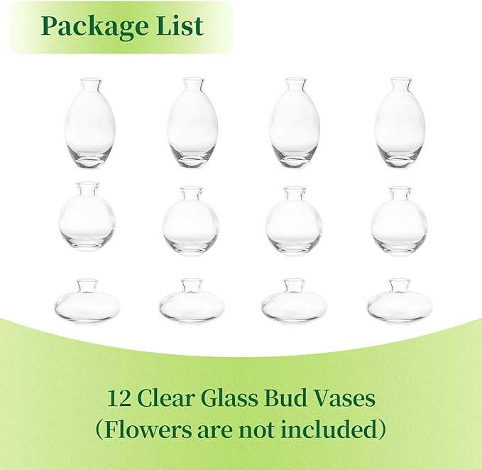 Glass Bud Vases Set of 12, Hewory Cute Clear Small Vases Handmade, Mini Glass Flower Vase for Floral Arrangement, Tiny Centerpiece for Wedding Party Events Home Office Table Decor (Not Include Flower)