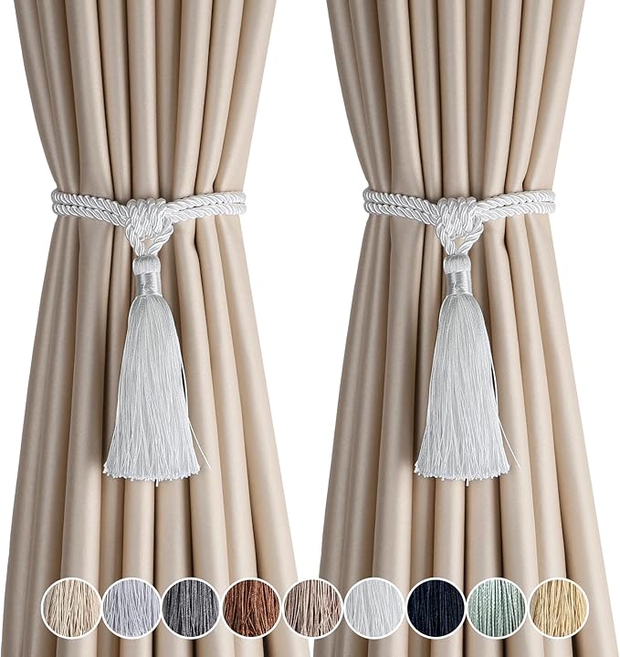 Fenghuangwu Curtain Tiebacks Tassel Tie-Backs, Rope Curtain tie Backs Handmade Curtain Holdbacks Made from Polyester (White, 2p)