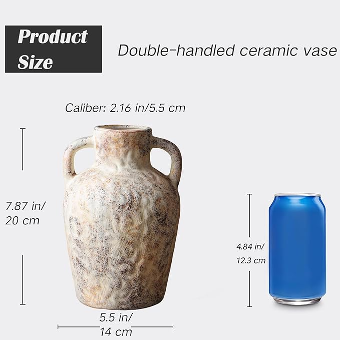 Vintage Wabi Sabi Ceramic Vase – Farmhouse Flower Vase with Handle, Rustic Decorative Pot for Entryway, Shelf, Floral Arrangement, Boho Home Decor