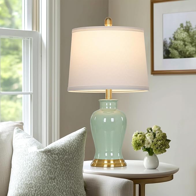 Green Ceramic Lamps Set of 2, 23" Modern Table Lamps for Living Room, Classic Bedside Lamp with Ginger Jar Design, Elegant Bedroom Lamp for Night Stand Desk Side End Table Home Decor